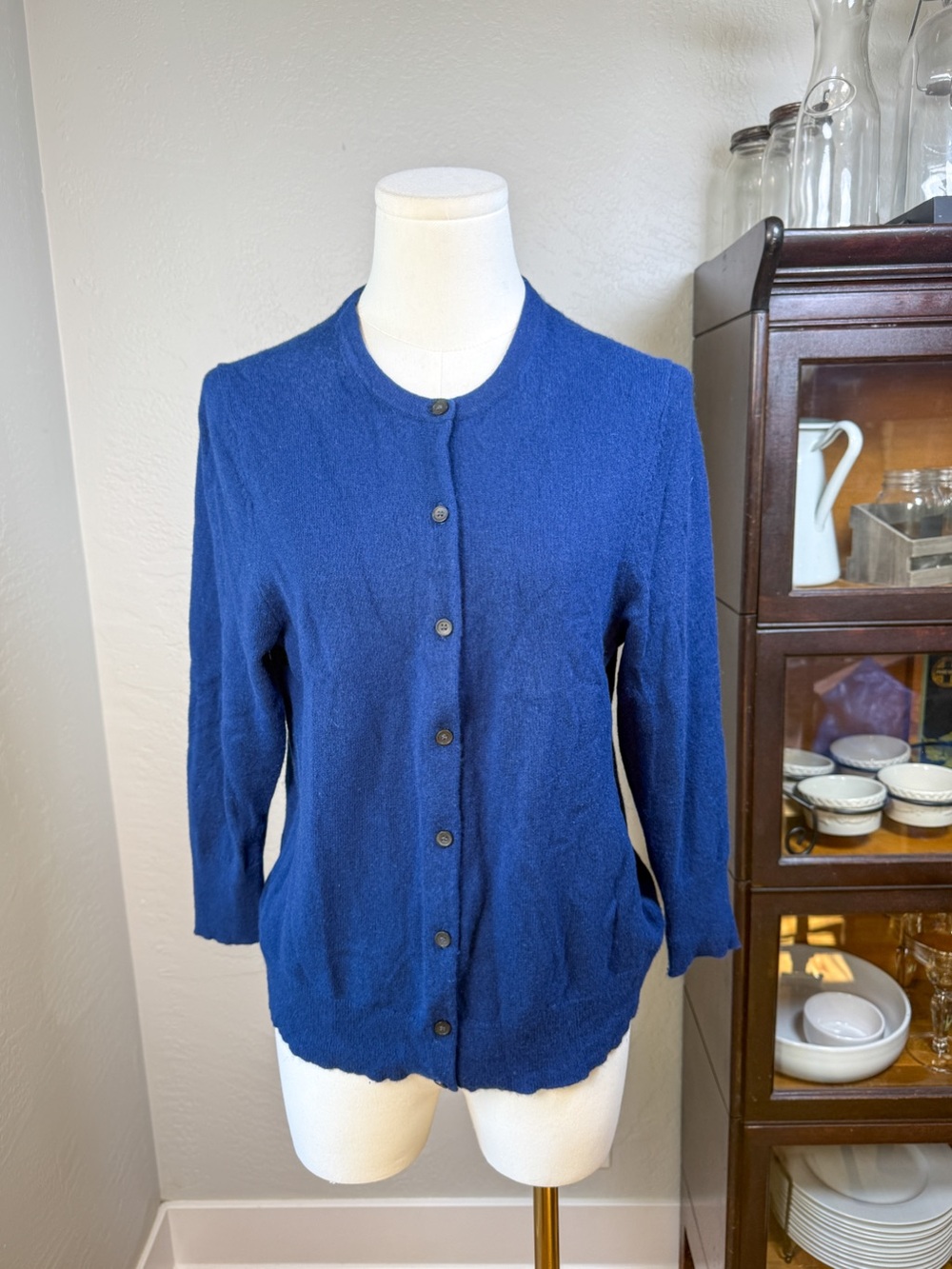 Lark & Ro 100% Navy Classic Sweater Cashmere Button Front Cardigan Size L